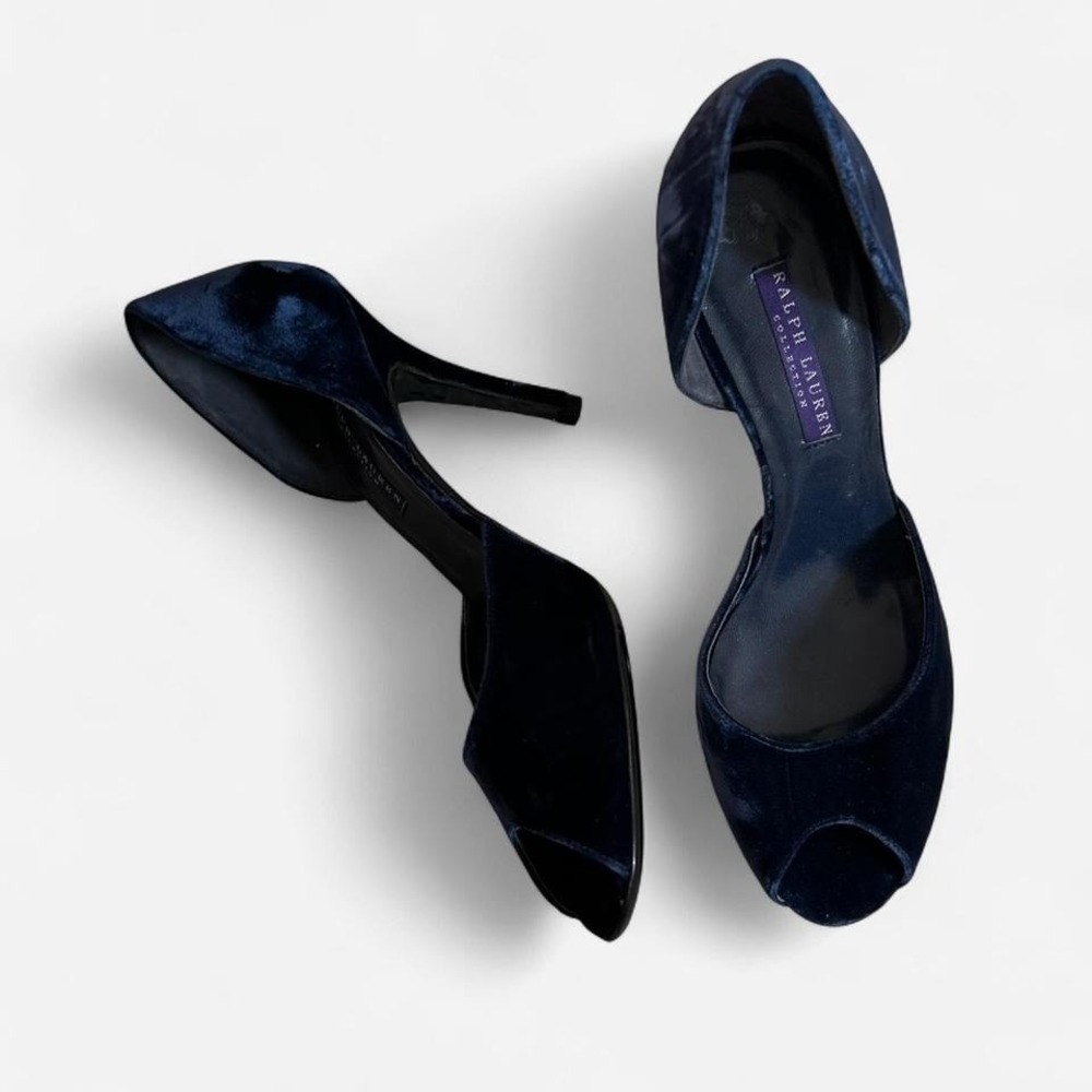 Ralph Lauren Collection Velvet Peep Toe d'Orsay Pumps Teal Blue Heels Size 38